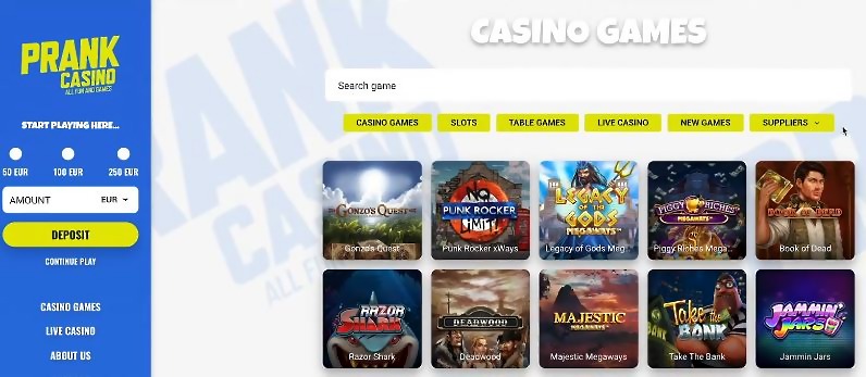 Selaa Prank Casinon monipuolista pelikirjastoa helposti